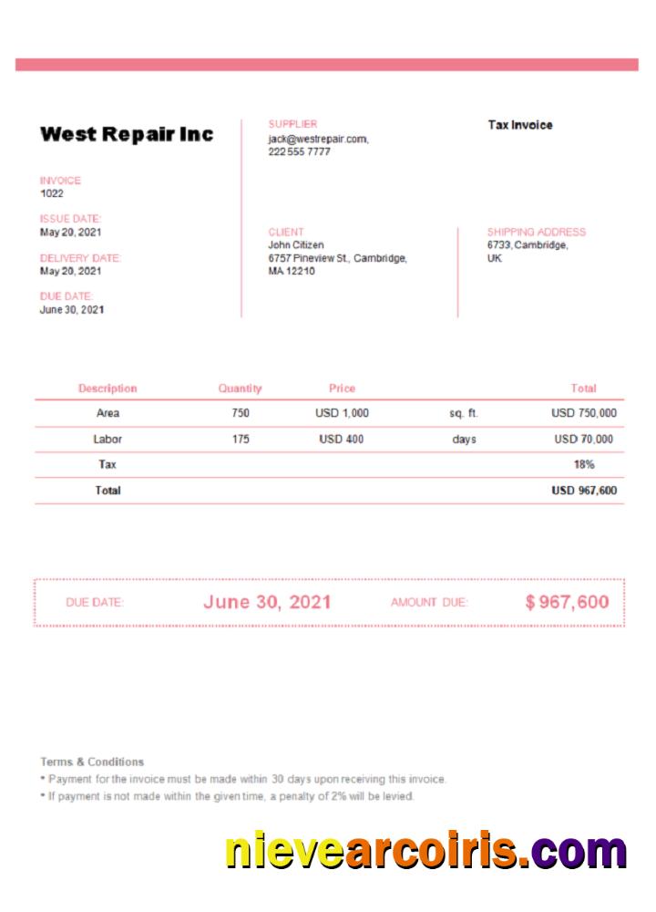 United Kingdom West Repair Inc invoice